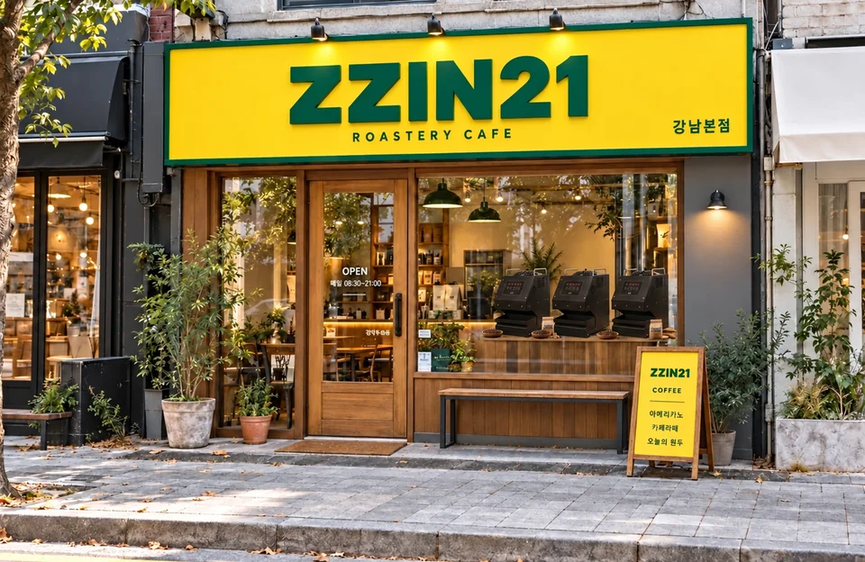 노란 ZZIN21 간판과 강남본점 표기가 있는 찐카페 외관 콘셉트